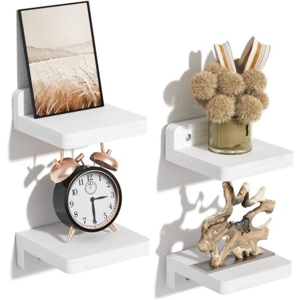 Small Floating Shelves Wall Mounted, 4 Inch Wood Shelf  Set of 4 (Washed White)